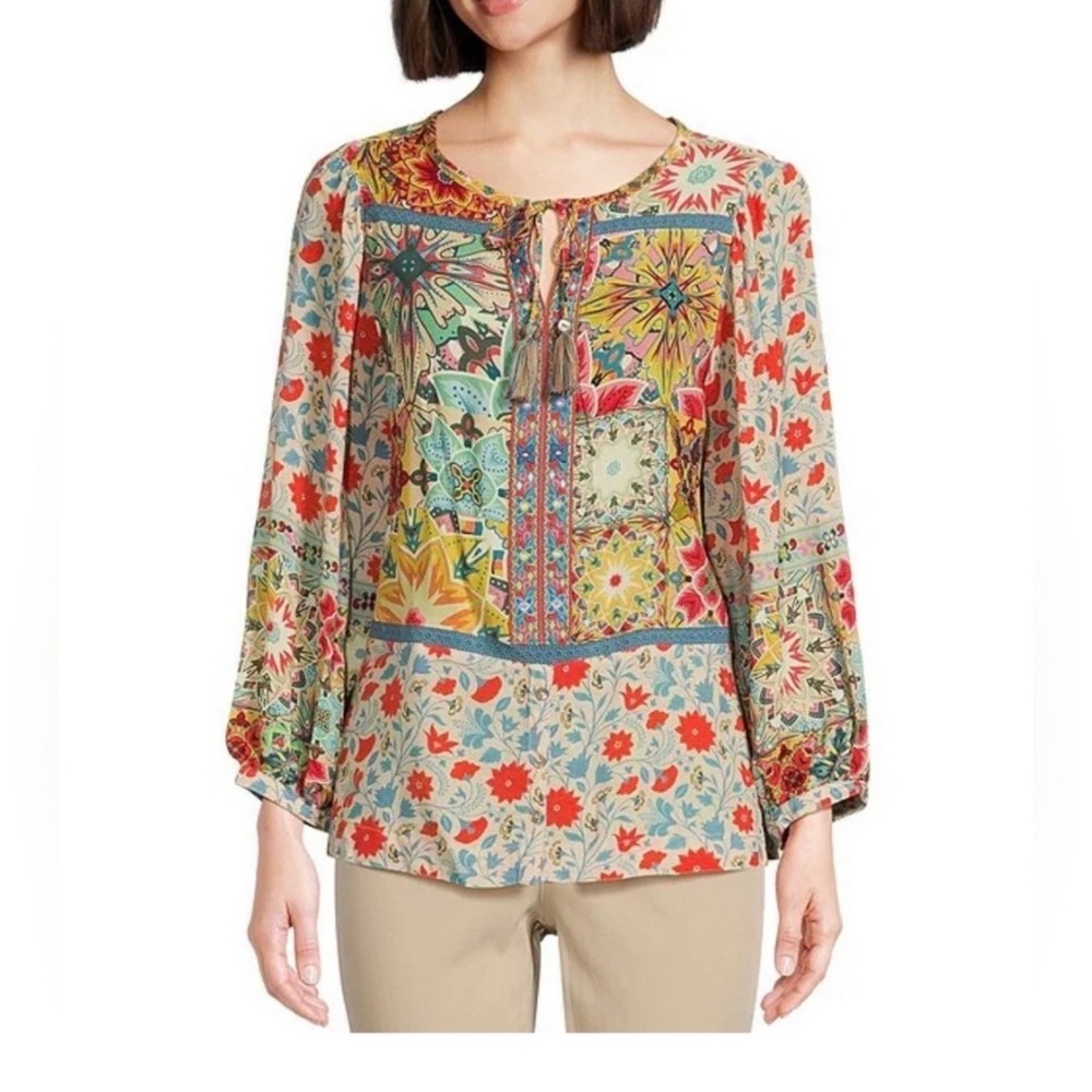 John Mark Patchwork Floral Tassel Blouse Multi Color Boho Top Large